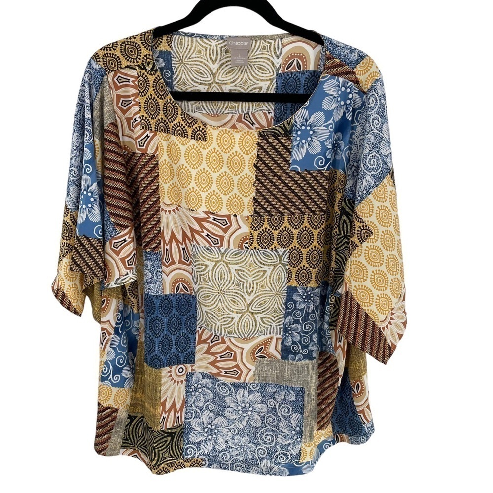 Chico’s Patchwork-Print Drape-Sleeve Blouse - Chico's Sz 2 = Sz 12/14